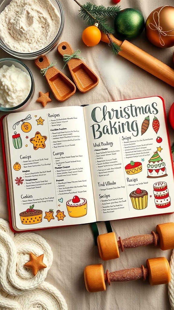 Christmas Baking Bullet Journal Guide Open bullet journal with Christmas baking recipes and decorations on a wooden table with baking supplies.